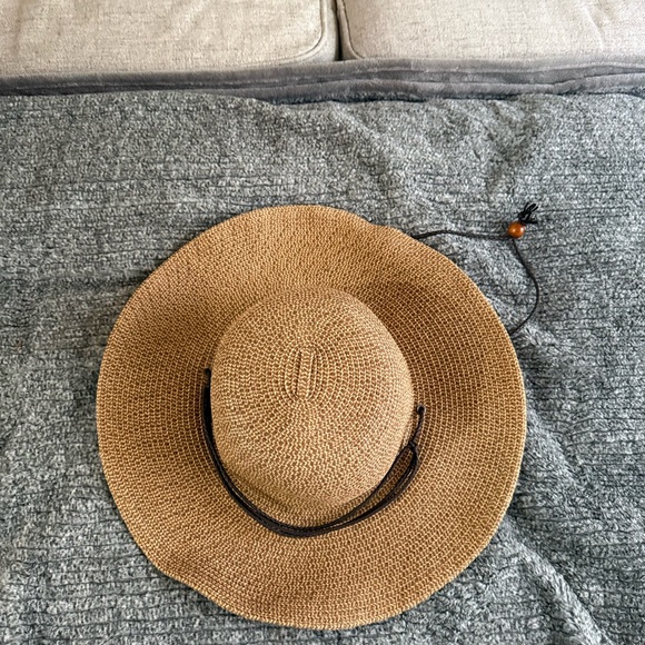 Scala Raffia Straw Sun Hat Wide Brim Leather Chin Cord One Size